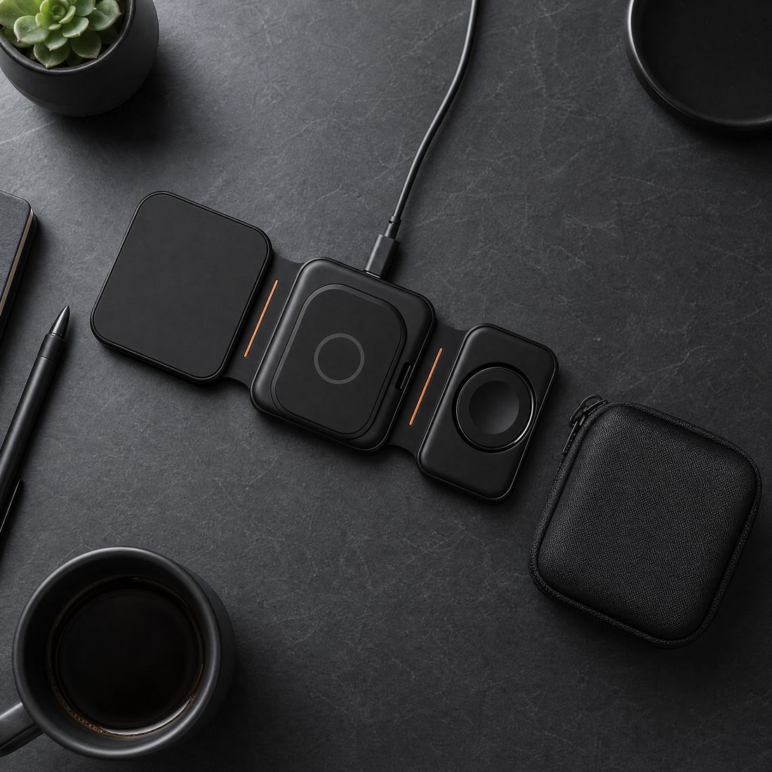 CircuitTech FoldCharge 3-in-1 overhead flatlay with USB-C cable and travel pouch