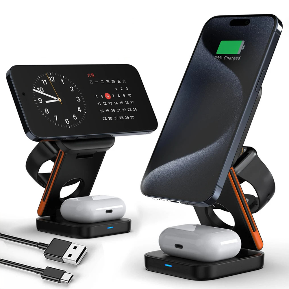 CircuitTech FoldCharge 3-in-1 wireless charging station with iPhone, Apple Watch and AirPods