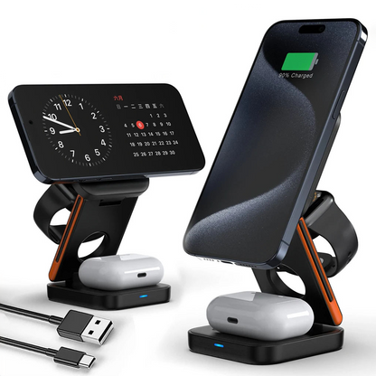 CircuitTech FoldCharge 3-in-1 wireless charging station with iPhone, Apple Watch and AirPods