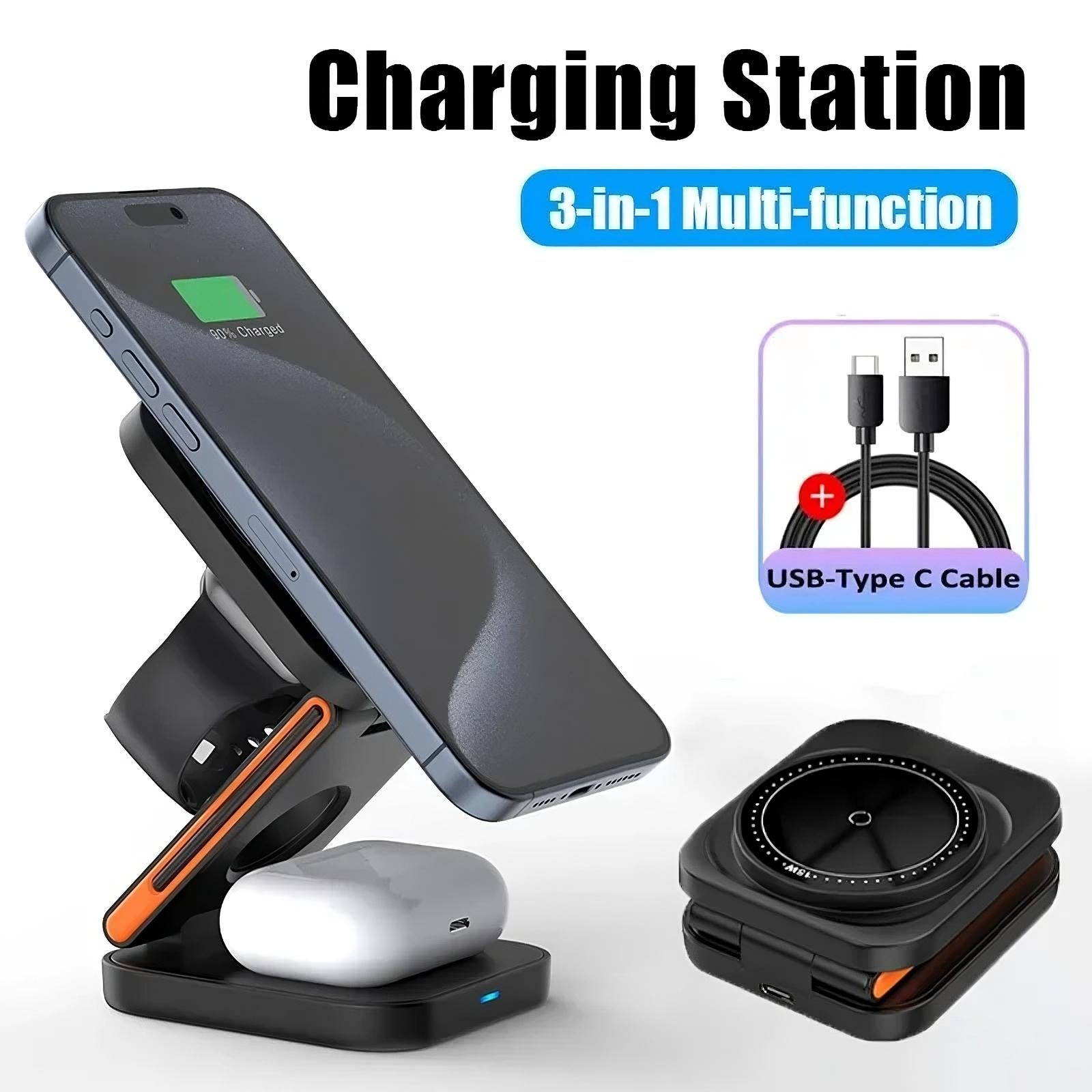 CircuitTech FoldCharge 3-in-1 MagSafe charger lifestyle on bedside table
