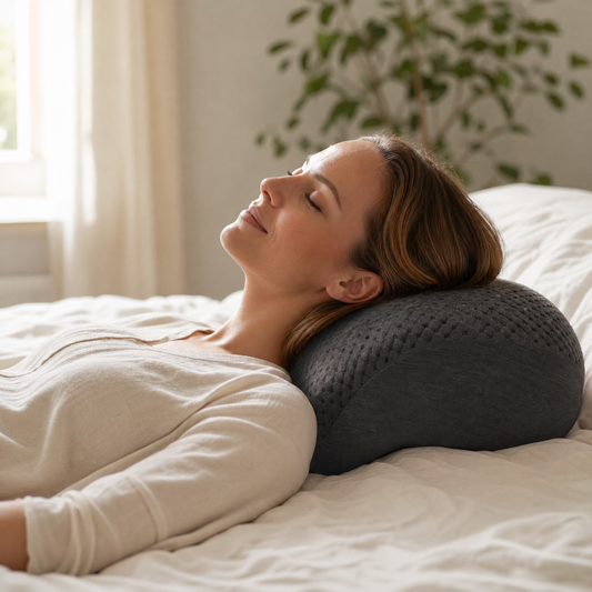 Woman relaxing on a bed using the CircuitTech CervicaCloud Pro neck massage pillow in a sunlit bedroom
