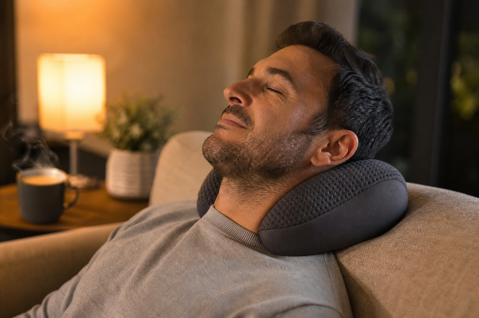 Man unwinding on a couch with the CircuitTech CervicaCloud Pro neck massage pillow in a warm-lit living room