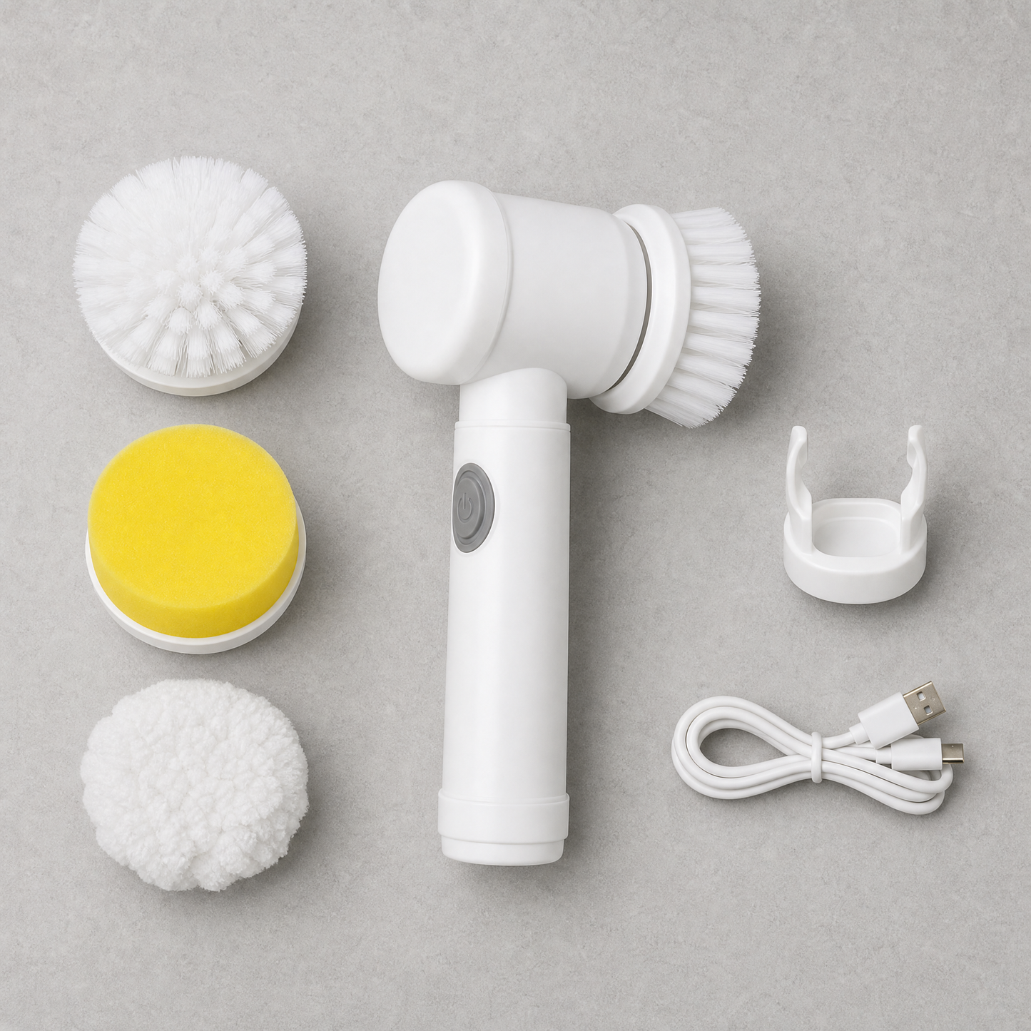 CircuitTech AquaScrub Pro complete kit flatlay with brush heads, holder and USB-C cable