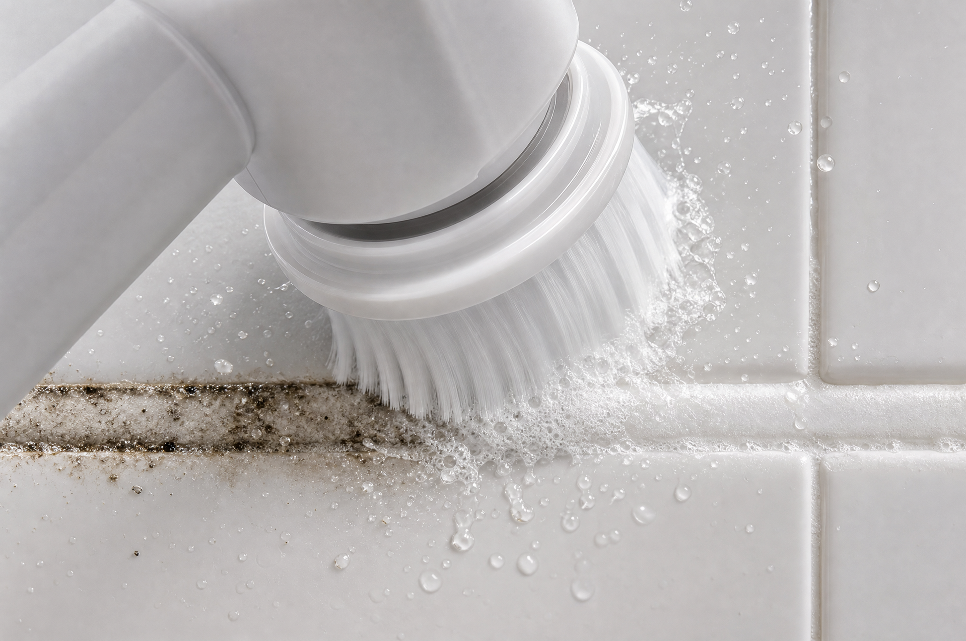 Close-up of the AquaScrub Pro brush head cleaning grout, before-and-after