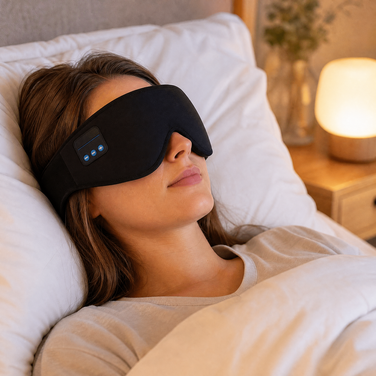 DreamSound Pro sleep mask lifestyle — worn in bed with soft warm lighting