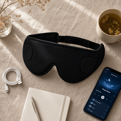DreamSound Pro sleep mask flatlay with USB cable, journal and herbal tea