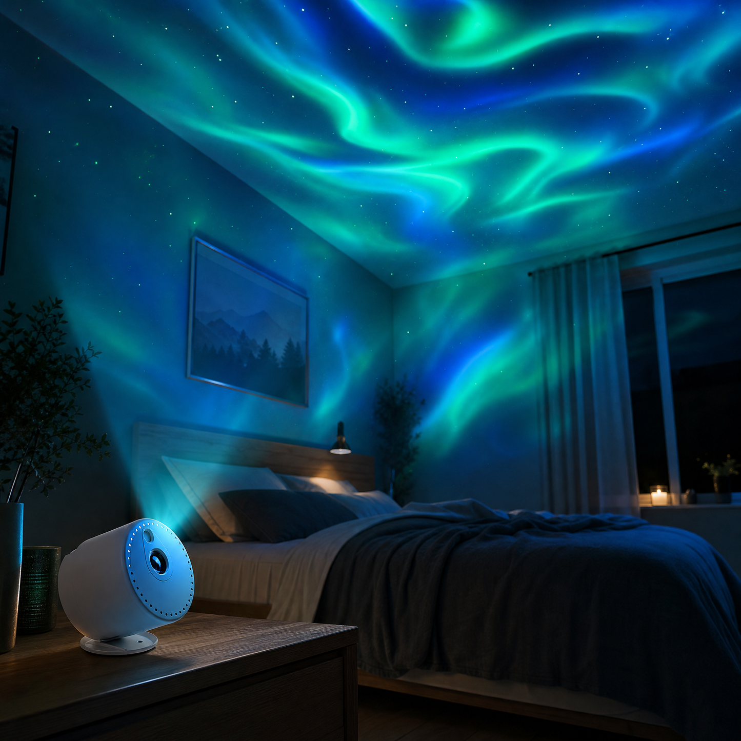 CircuitTech AuroraBeam Pro projecting aurora lights in a dark bedroom