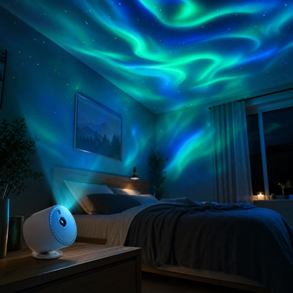 CircuitTech AuroraBeam Pro projecting aurora lights in a dark bedroom