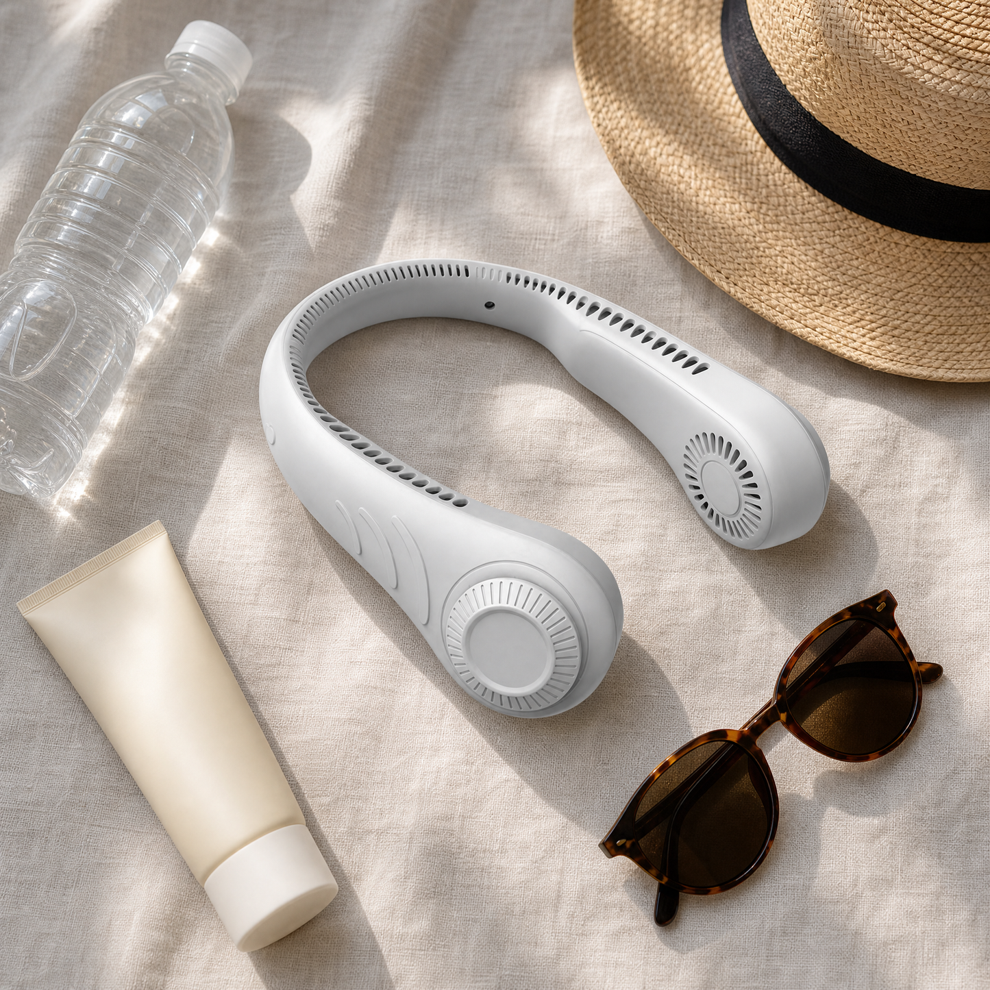 CircuitTech NeckBreeze summer flatlay with water bottle and sunglasses