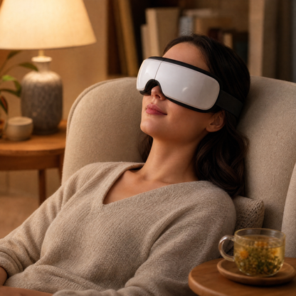CircuitTech EyeRelief worn in a cosy armchair with herbal tea