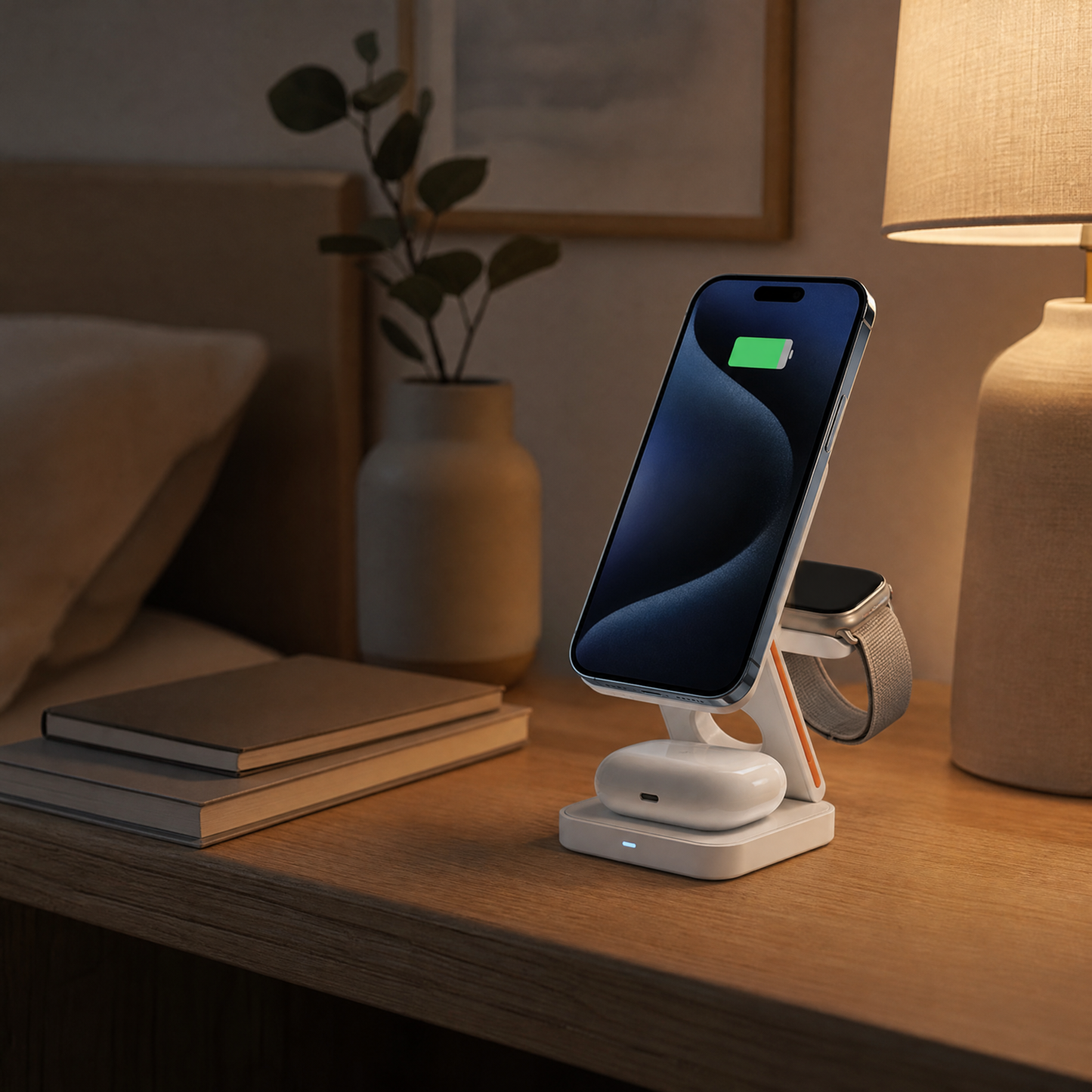 CircuitTech FoldCharge 3-in-1 on a bedside table charging iPhone, Apple Watch and AirPods