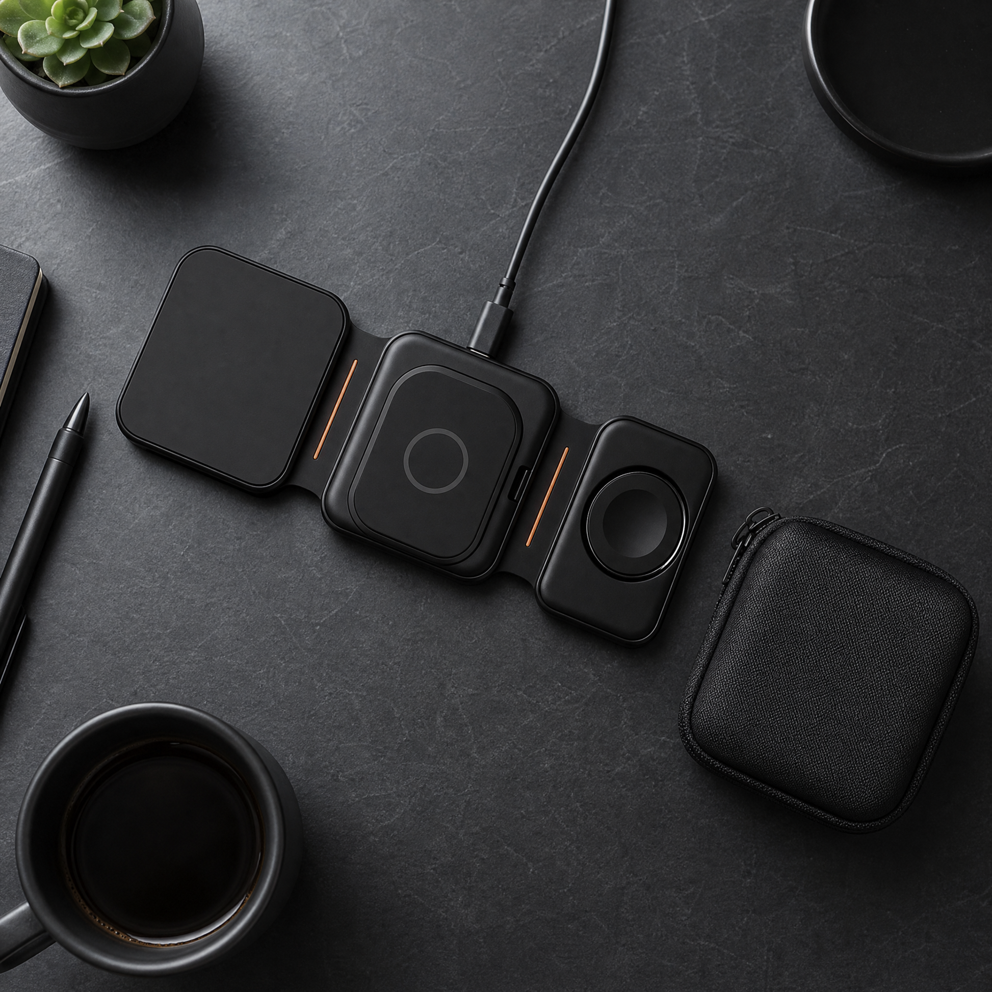 CircuitTech FoldCharge 3-in-1 overhead flatlay with USB-C cable and travel pouch