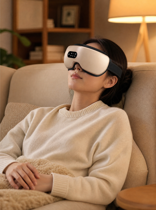 CircuitTech EyeRelief worn while relaxing on a sofa in warm home lighting