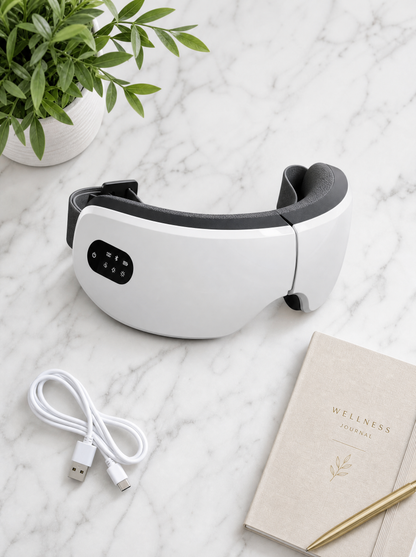 CircuitTech EyeRelief marble flatlay with USB cable and wellness accessories