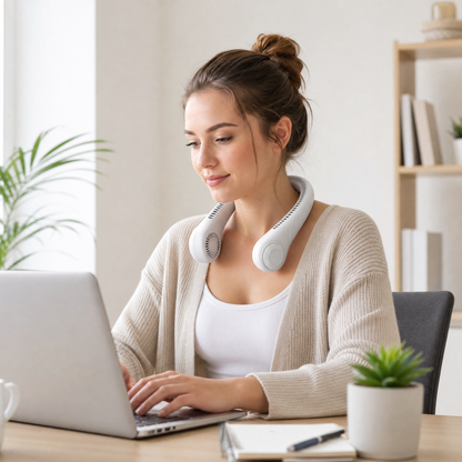 CircuitTech NeckBreeze worn by a woman at a bright home office desk