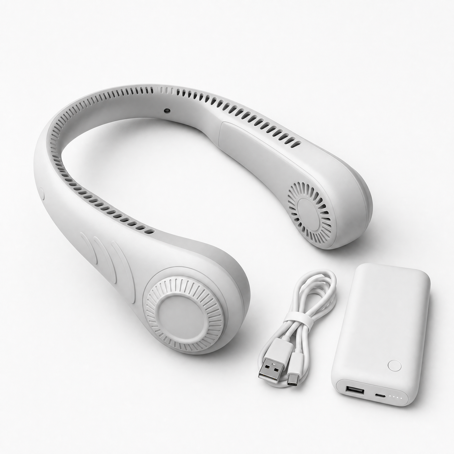 CircuitTech NeckBreeze product flatlay with USB cable and power bank on white background