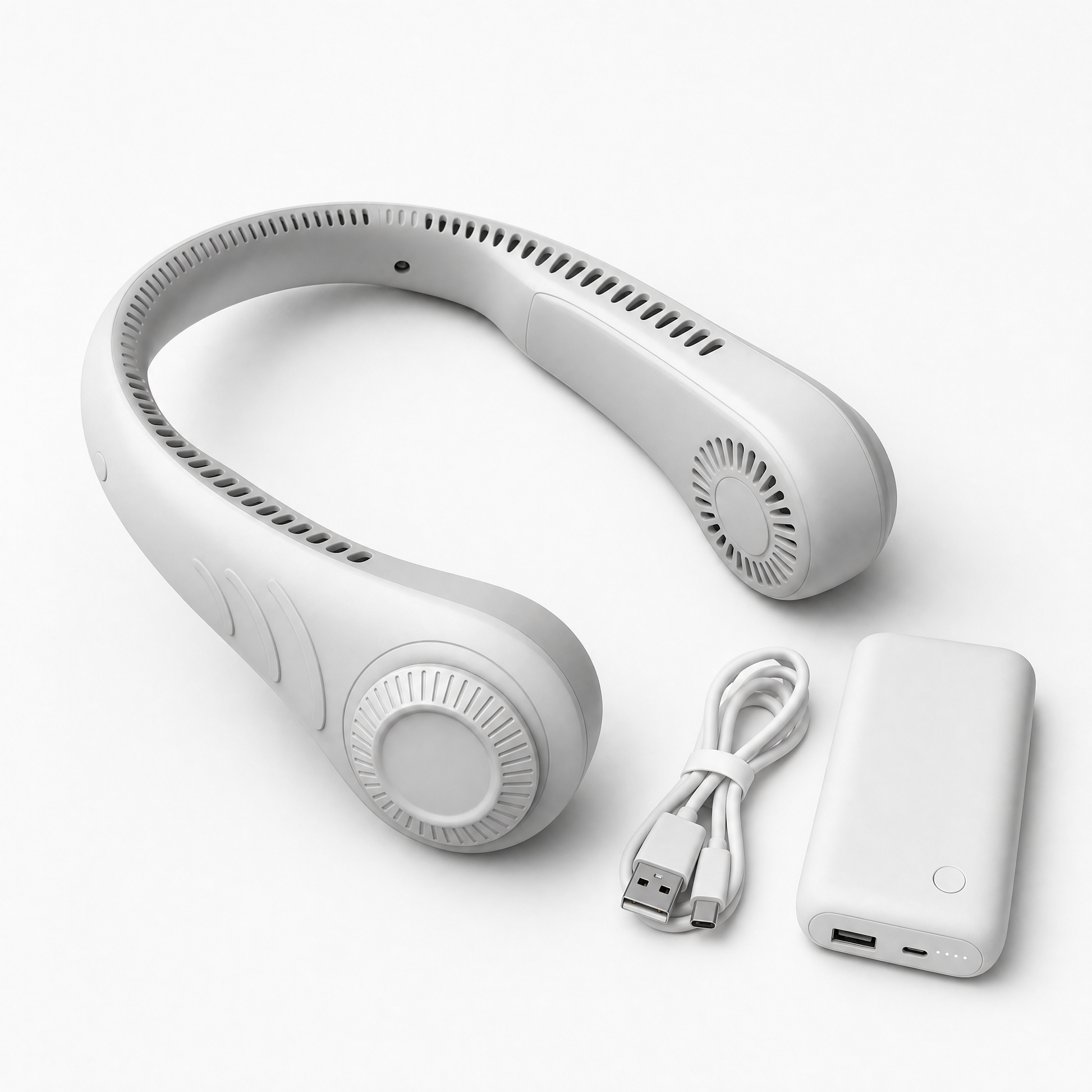 CircuitTech NeckBreeze product flatlay with USB cable and power bank on white background