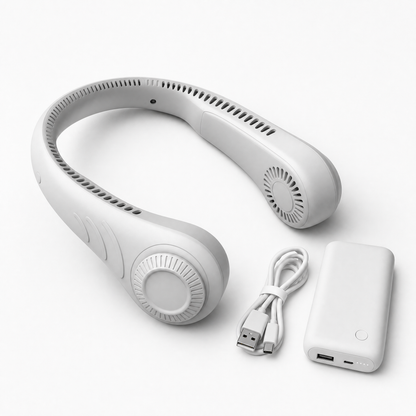 CircuitTech NeckBreeze product flatlay with USB cable and power bank on white background