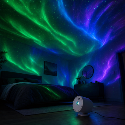 CircuitTech AuroraBeam Pro projecting aurora and laser stars across a dark bedroom ceiling