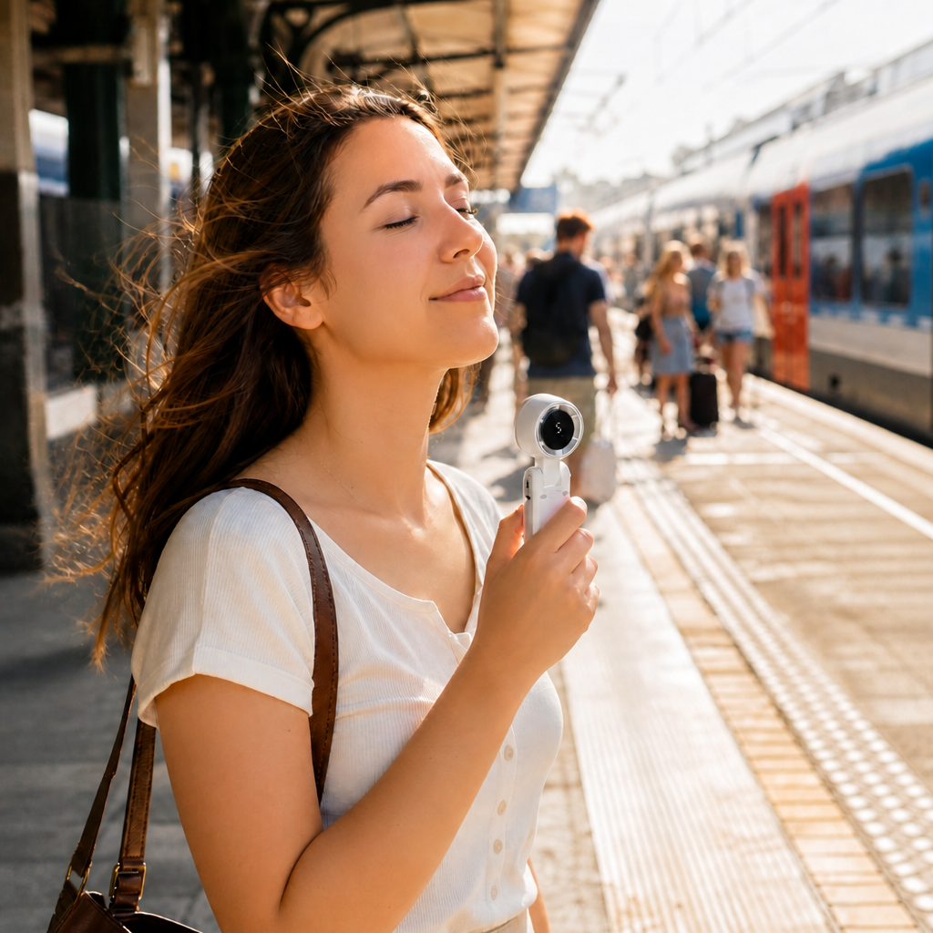 Frau an der Bahnstation kühlt sich mit dem AeroJet Mini