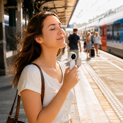 Frau an der Bahnstation kühlt sich mit dem AeroJet Mini