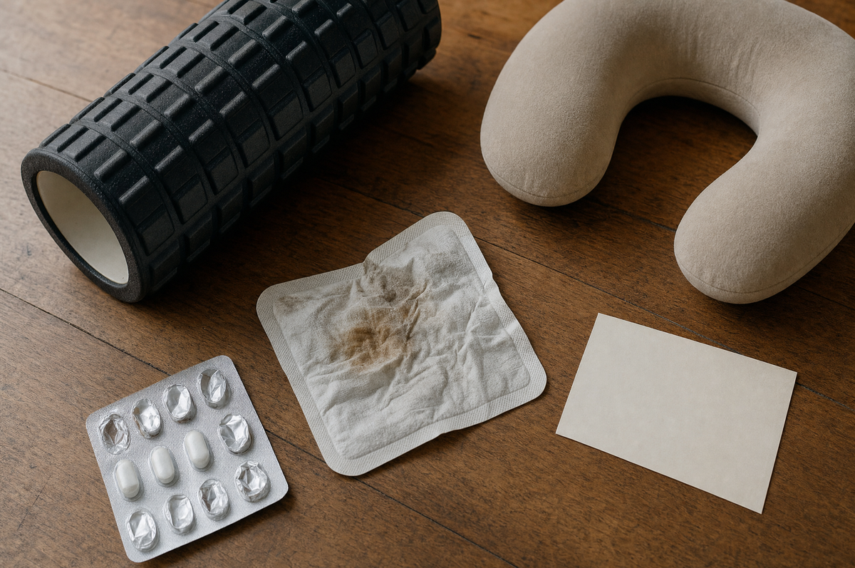 Flat-lay mit Faszienrolle, Wärmepflaster, Tabletten und Nackenkissen